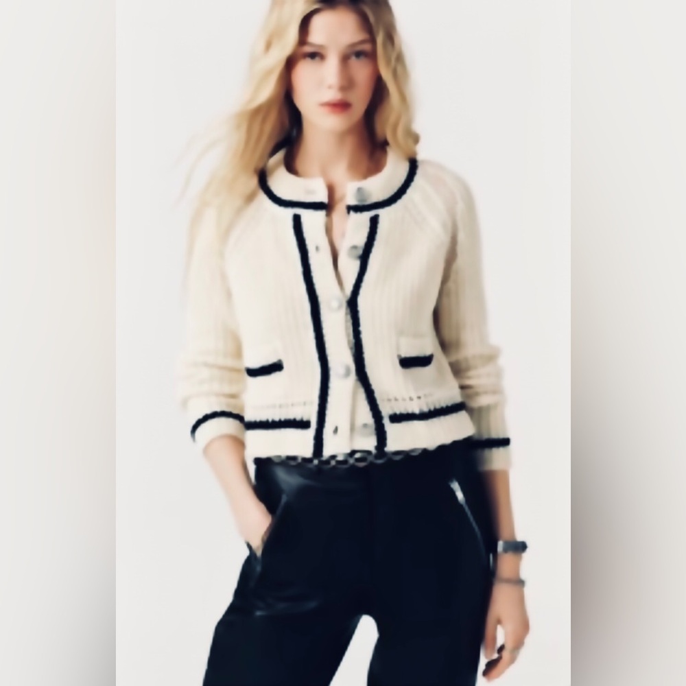 White House Black Market Cream Cardigan with Black Trim